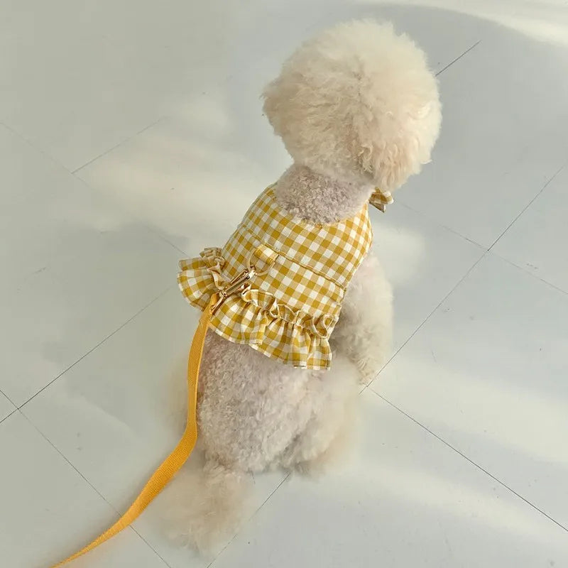 Pet Dog Cat Plaid Vest Style Towing Suit Plaid Bow Teddy Bear Outdoor Skirt Chest Strap Dogs Walking Rope Dog Chain Harness Pawzies