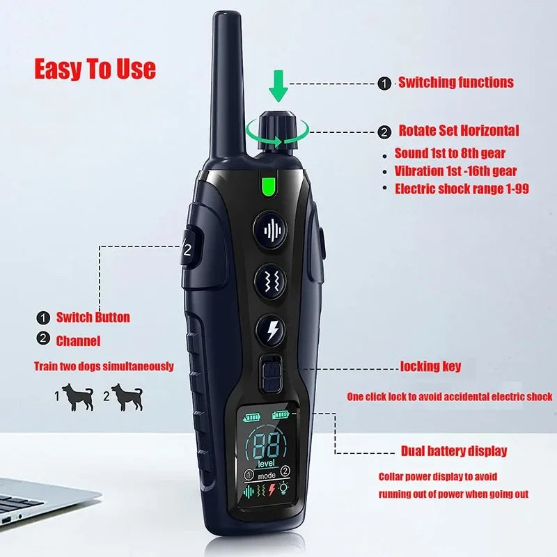 2000m Smart Dog Training Collar with Remote Electric Shocker Suitable for Preventing Dog Barking Pet Behavior Training Supplies Pawzies