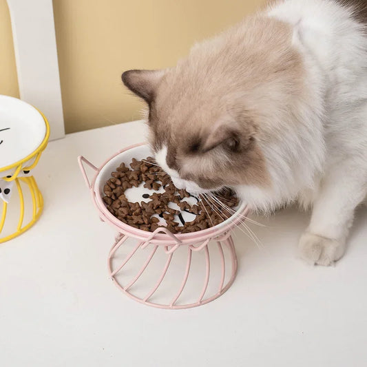 Cat Bowl Ceramic High-Foot Neck Guard Food Bowl Shallow Mouth Large Caliber Pet Food Bowl Garfield Special Flat Face Snack Pawzies