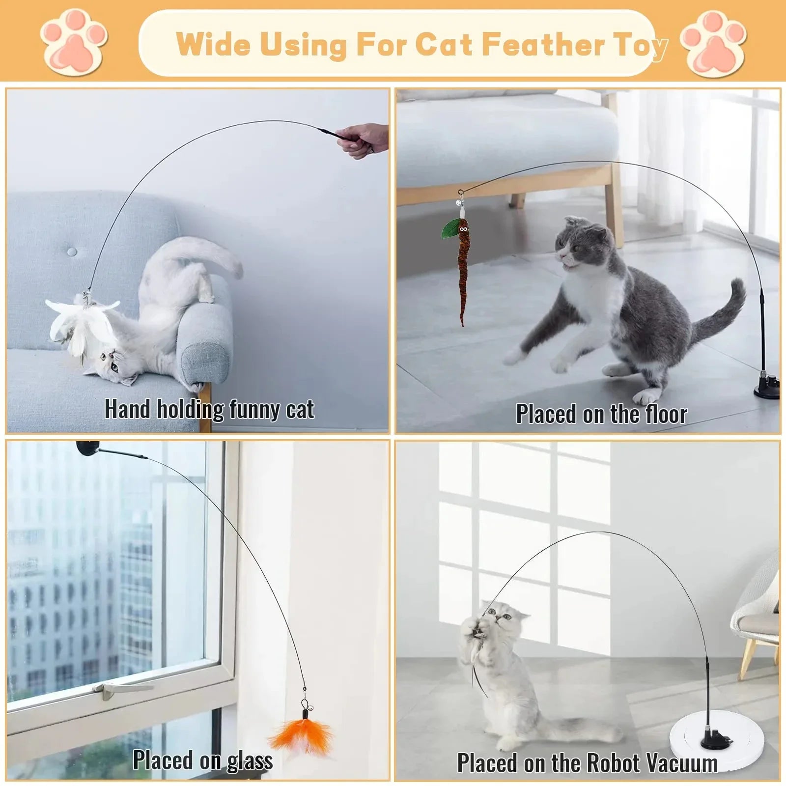 Cats Toys Feathers Wand Interactive Toy Kitten Toys with Super Suction Cup Detachable 2 PCS Feather Replacements Cat Accesorios Pawzies